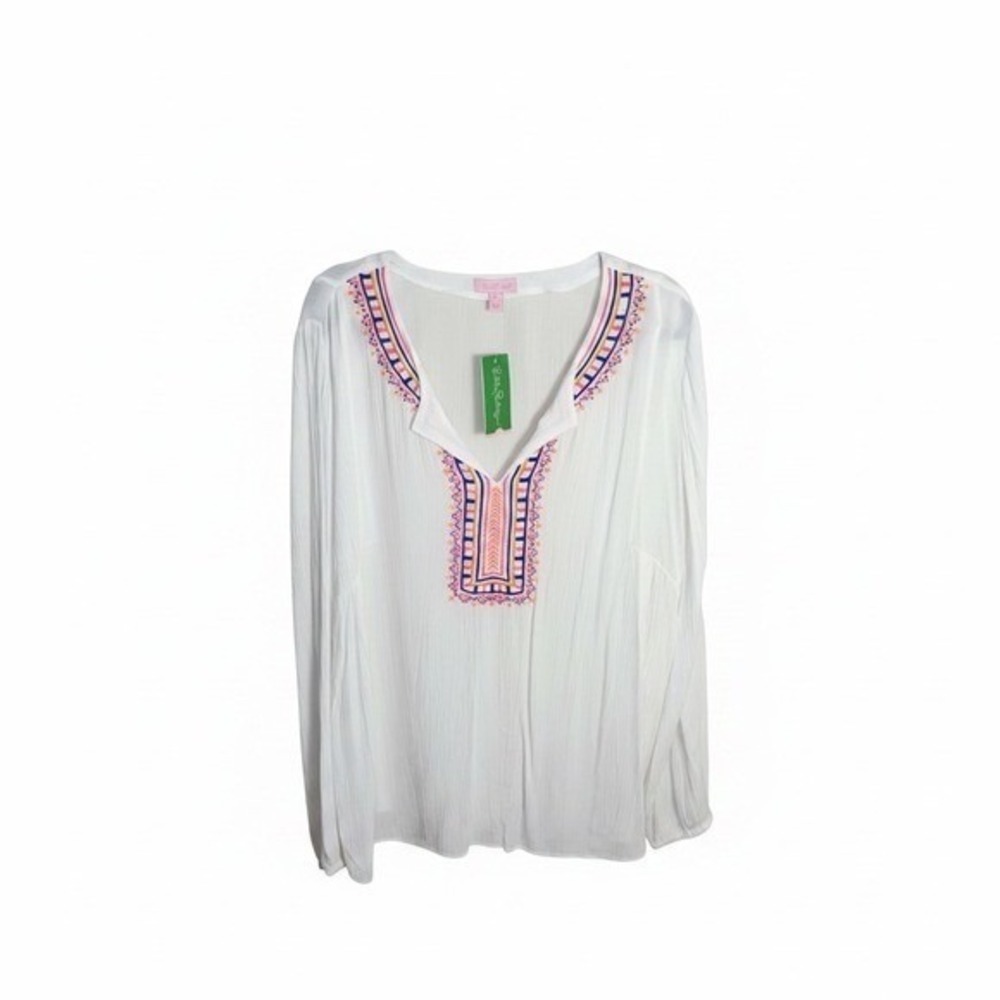 Lilly Pulitzer Tunic Womens L White Dahle Tunic Resort White Embroidered Boho